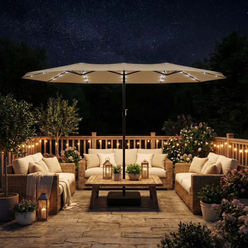 Parasol de marché à énergie solaire 15 pi avec lumières DEL, Brun