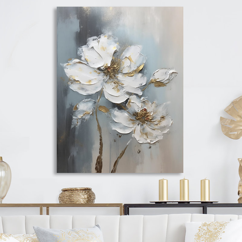 Mélodie de marguerite blanche et dorée - décoration murale marguerite florale en métal, H 32 po x l 16 po x P 1 po
