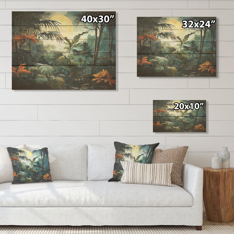 Fantasy Jungle Plants Under Moonlight - Plants Wood Art On Natural Pine Wood, 10" H x 20" W