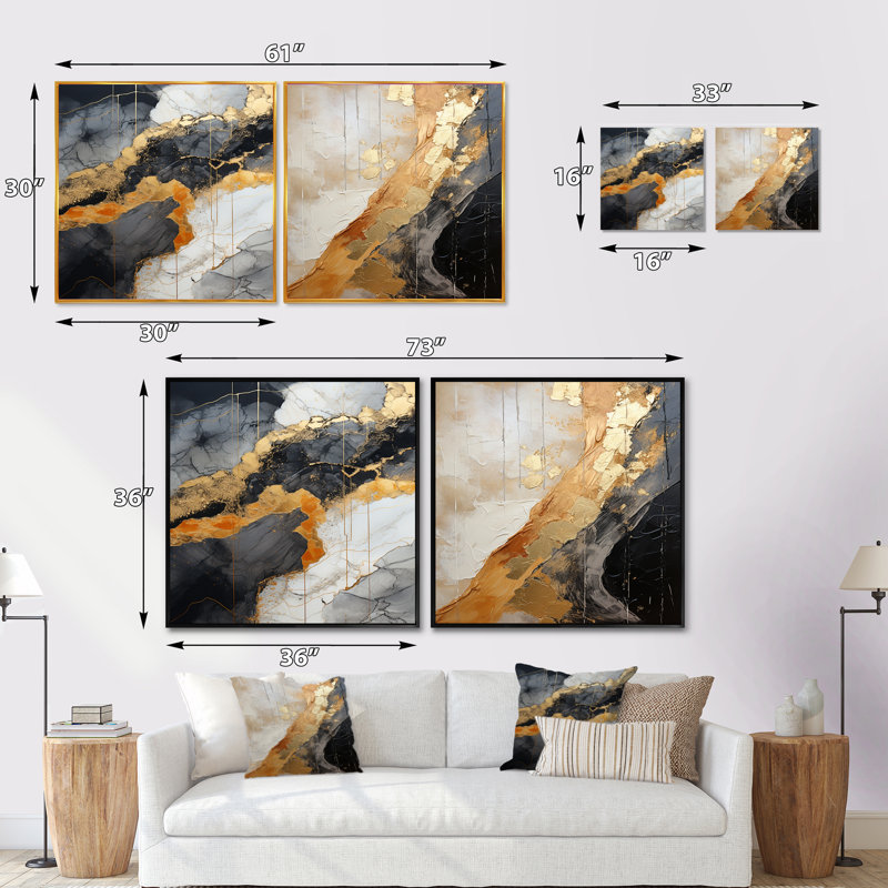 Minimalisme chrome or et orange Poteries - Ensemble de 2 collages carrés abstraits, Cadre flottant doré, H 16 po x l 33 po