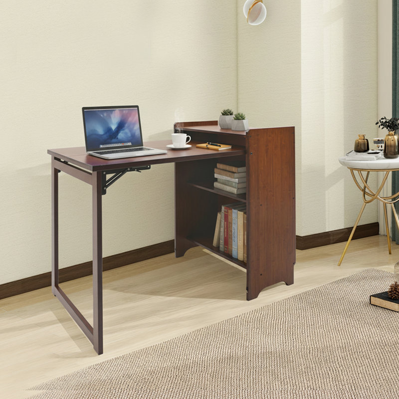 Folding Bamboo Desk with Storage Shelves