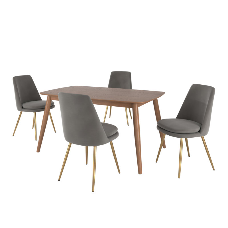 Ensemble de salle à manger Fairfield Mid-Century, velours gris, table 59 po et 4 chaises, Noyer foncé