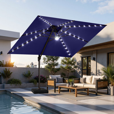  Parasol de patio en porte-à-faux 11 pi x 11 pi à DEL avec base en contrepoids