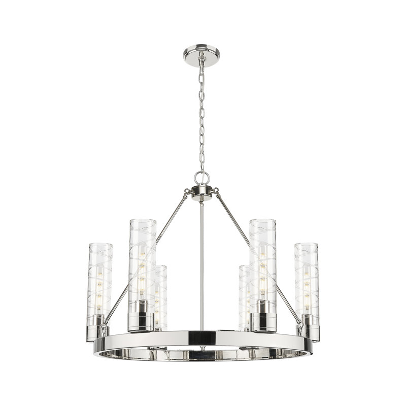 Lustre 6 lumières avec abat-jour Scherer, Tourbillon déco, Nickel poli