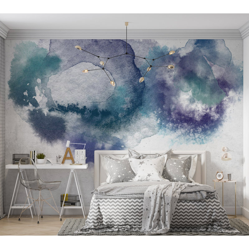 Papier peint abstrait - Gouttes aquarelles bleues, L 41 po x l 59 po