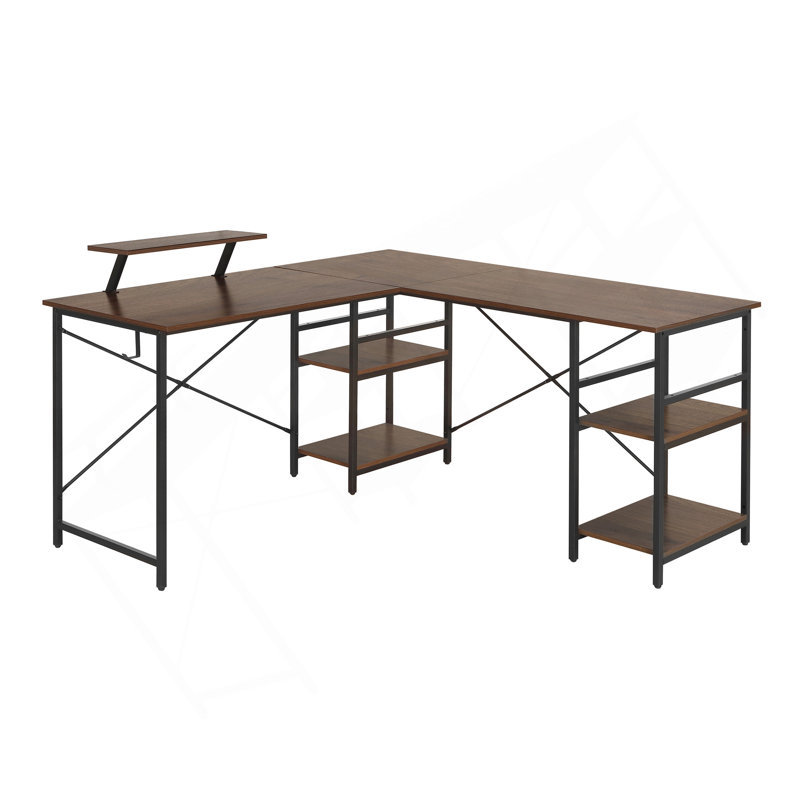 Bureau industriel en L avec tablettes de rangement, noyer Techni Mobile