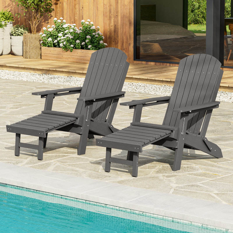 Folding Adirondack Chair with Retractable Ottoman & Cup Holder, 3-Position Adjustable for Patio, All-Weather Outdoor Seating