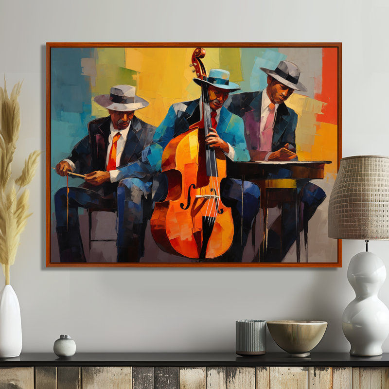 Trio de jazz avec chapeaux rétro Groovy - Musicien, salon d'art mural, Toile tendue, H 24 po x l 32 po x P 1 po