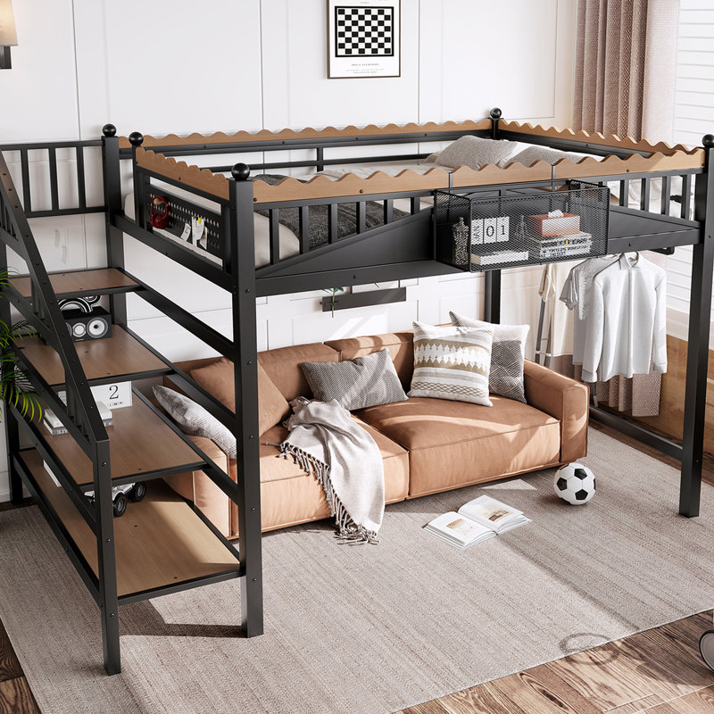 Lit mezzanine double en métal noir avec rangement fonctionnel et tablette, un choix pratique pour les barrières de sécurité en escalier, idéal pour créer une chambre confortable et sécuritaire