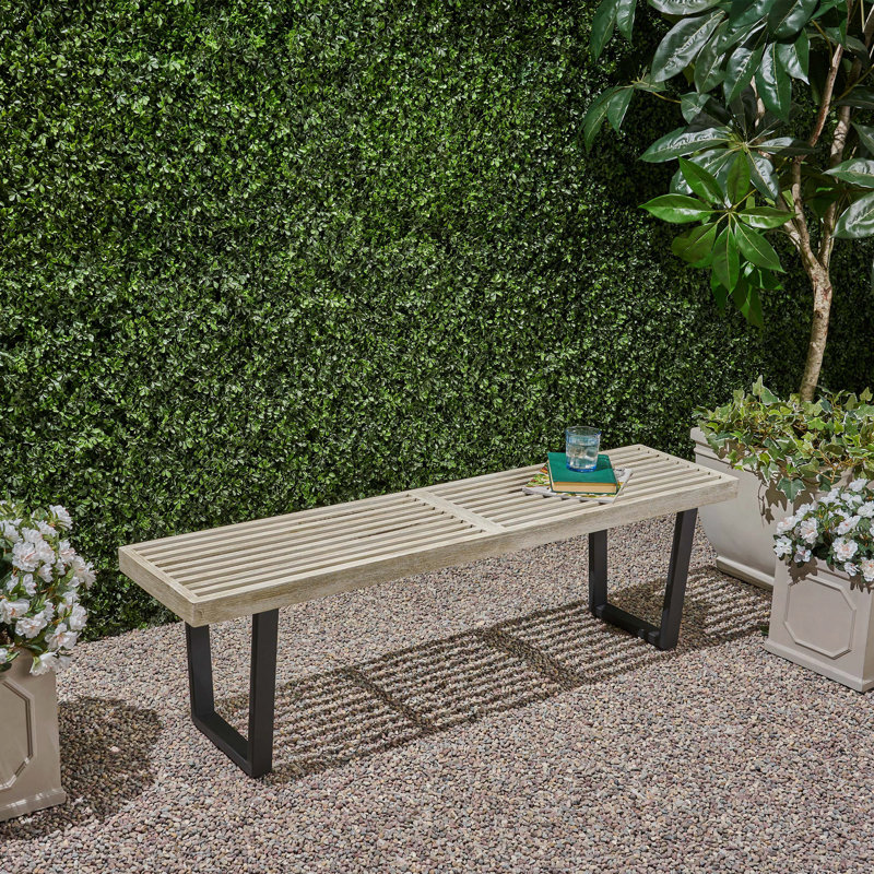 Banc d'extérieur en métal / bois massif, Noir/gris