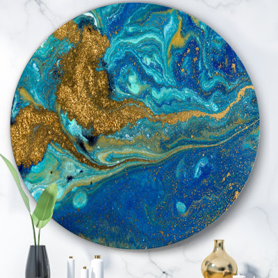 Agate bleue et dorée ondulée I - impression sur cercle métallique