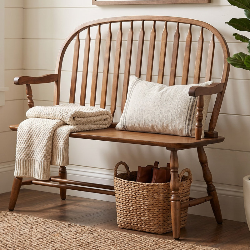 Classic Brown 44" Farmhouse Bench with Durable Rubberwood Frame