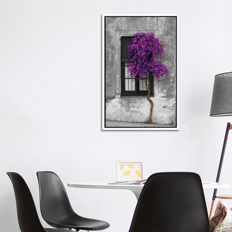 Tree In Front Of Window Purple Pop Color Pop - Print on Canvas, 101.6 cm H x 66.04 cm W, White Floater Framed