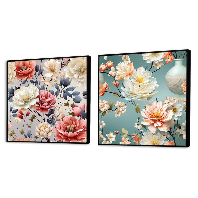 Crader - Ensemble de 2 collages carrés floraux, Cadre flottant noir, H 36 po x l 73 po