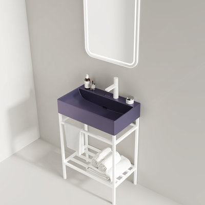Meuble-lavabo 24 po avec lavabo en céramique, ensemble de lavabo console sur pied, lavabo rectangulaire en céramique rouge lustré sans robinet, pieds en métal ouverts, tablettes de rangement, doré