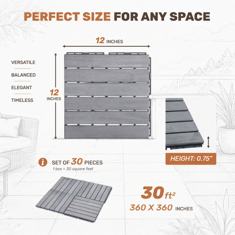 30 tuiles de terrasse emboîtables, bois franc d'acacia à motif rayé pour plancher extérieur, solution de patio imperméable et facile à installer