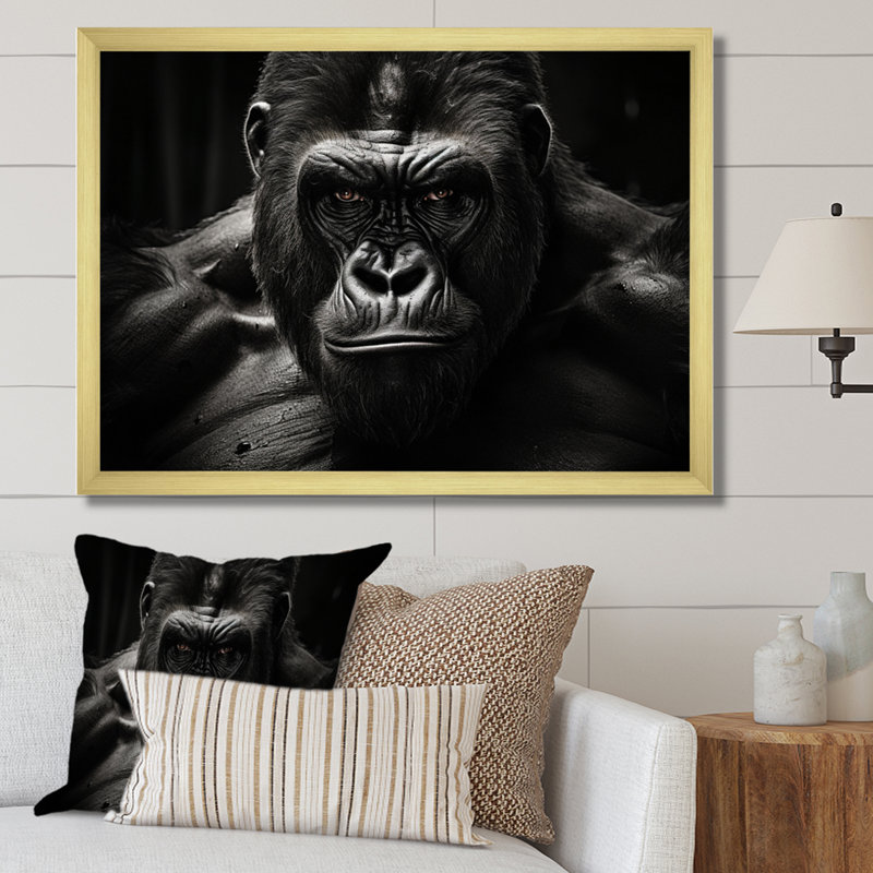 Art mural noir et blanc Gorilla Majestic II - Gorilla, Cadre doré simple, H 12 po x l 20 po x P 1 po