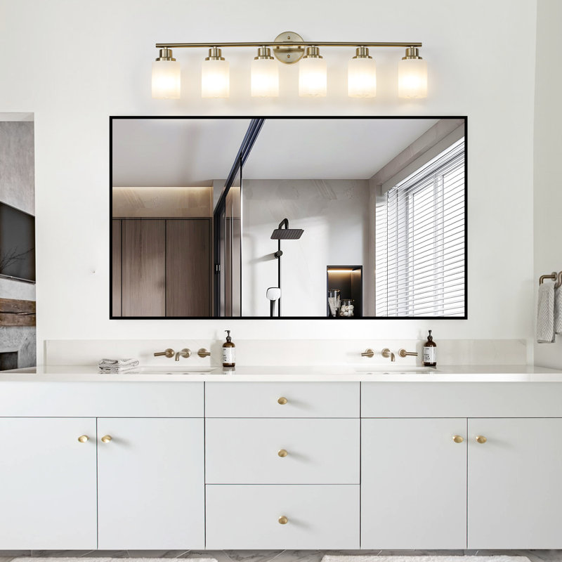 6- Golden Bathroom Vanity Lamp Fixture, Frosted Glass Shades, Modern Wall Mounted Lighting,, 6 Lights, Gold
