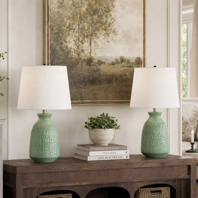 20" Contemporary Ceramic Accent Lamp In Sage Green Ceramic, Polished Nickel Accents And White Linen Shade From Grandview Gallery By Lumisource - Set Of 2