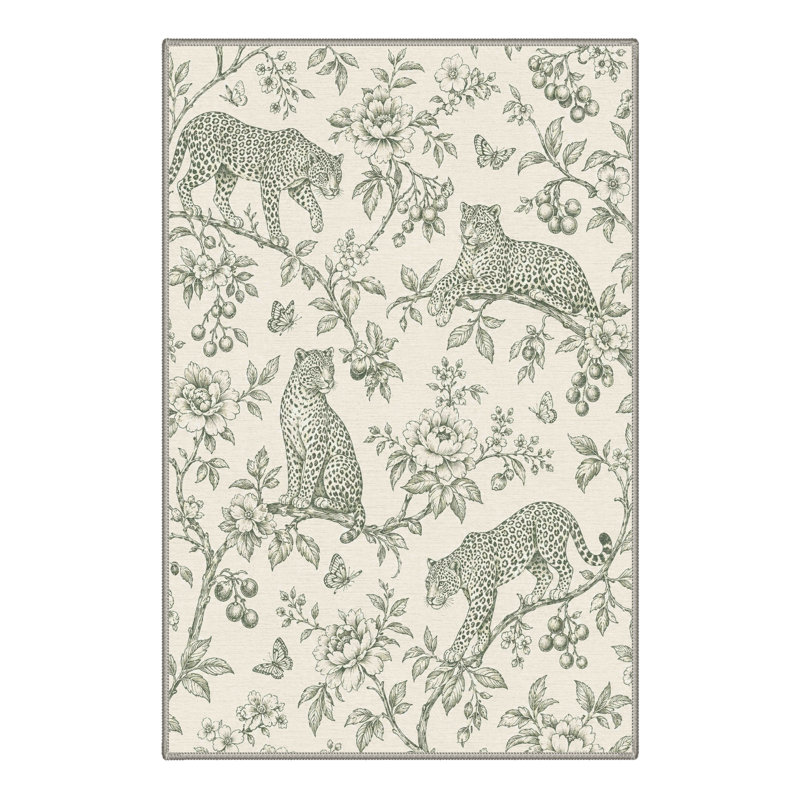 Tapis de porte antidérapant, lavable, à poils courts, imprimé animal, ivoire/vert, Rectangulaire 3 pi x 5 pi