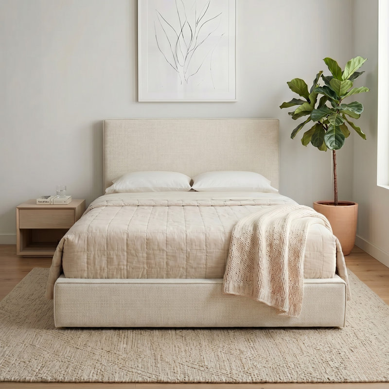 Abbie Upholstered Platform Bed, Queen, Ivory Canvas