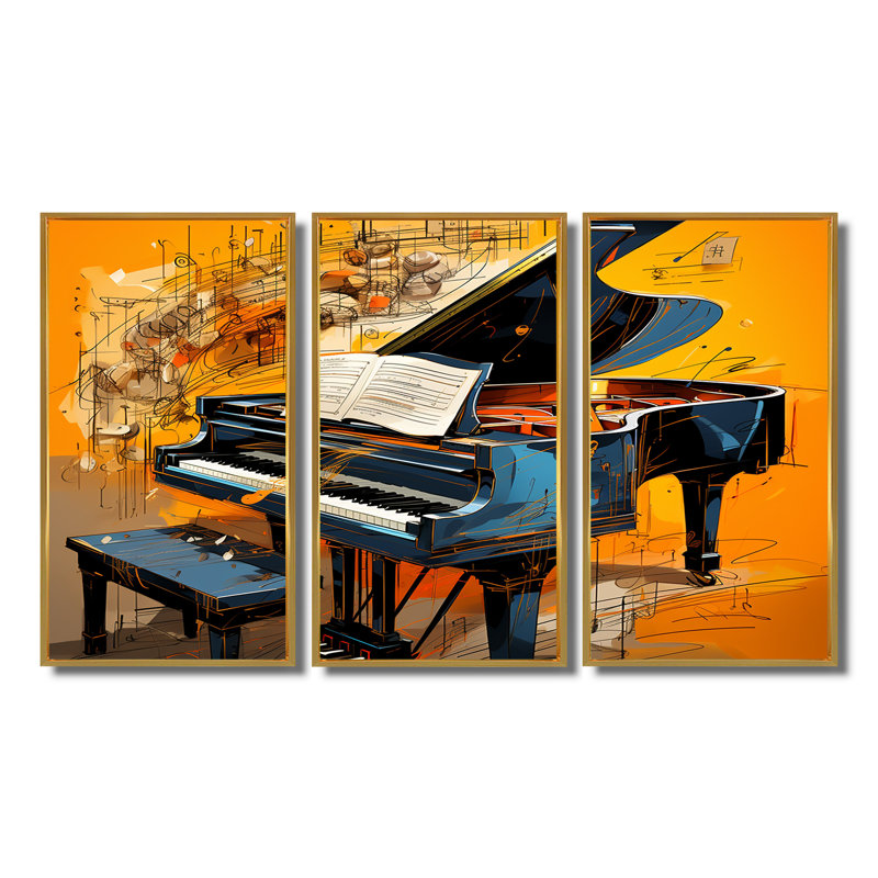Black Piano Retro Collage Musical Score - Piano Wall Art Decor Set, Cadre flottant doré, H 28 po x l 36 po x P 1 po