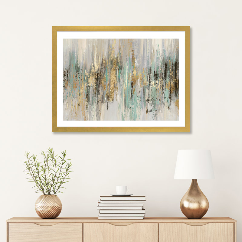 «Dripping Gold I» par Tom Reeves - reproduction imprimée, H 24 po x l 32 po, Papier dans un cadre photo, Doré