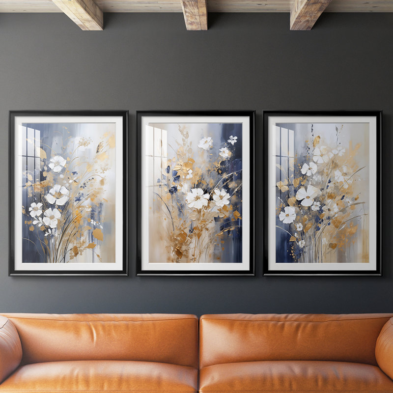 FLORAL Series CECLXII - Impression encadrée sur mesure de qualité supérieure - 3 pièces, H 21 po x l 30 po, Noir
