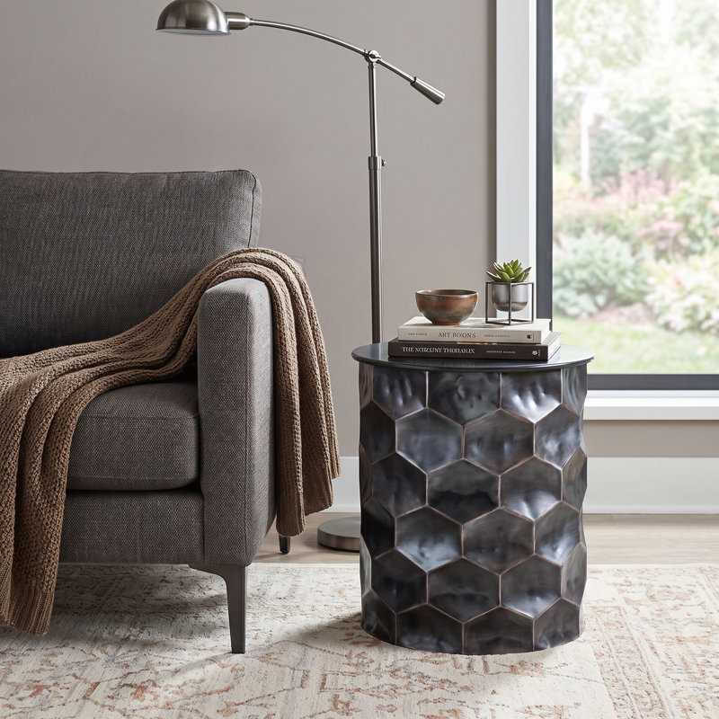 Whitney 17"W Metal Industrial Round Storage Side Table with Removable Lift-Top, Antique Bronze