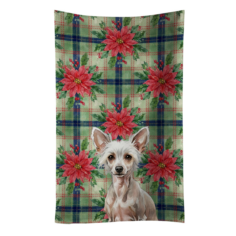 Hairless Chinese Crested Christmas PoinsettIas Kitchen Towel, Gray Hairless Chinese Crested