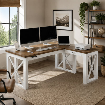Wood L-Shaped Electric Standing Desk With Drawer