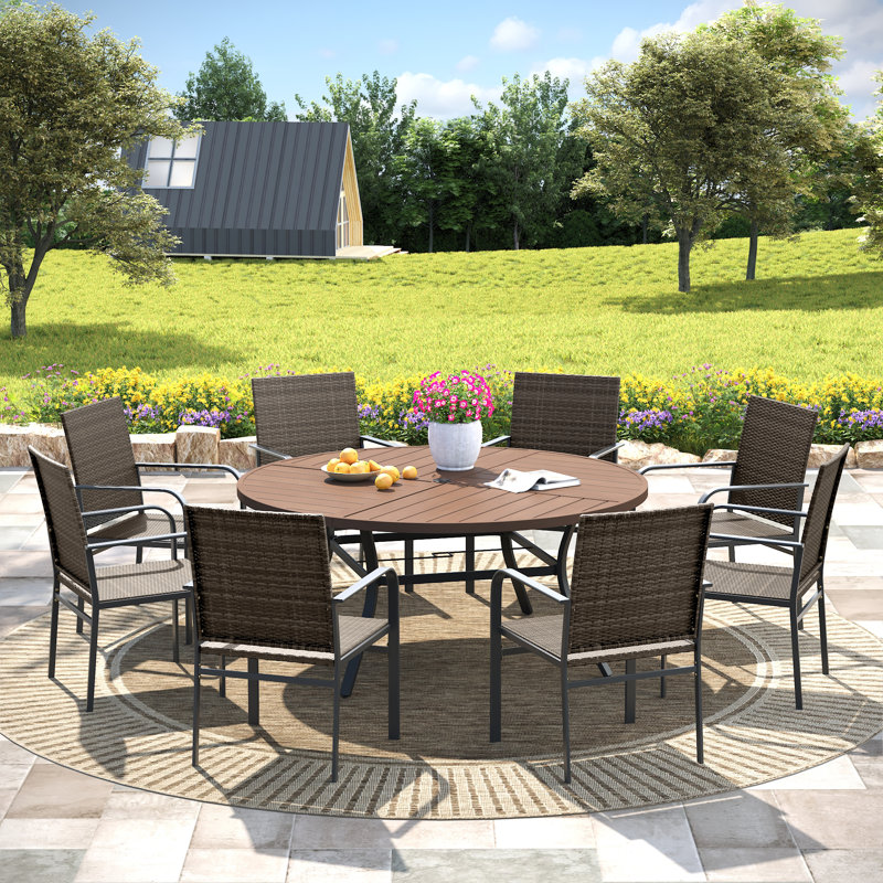 8-Person Patio Dining Set with 60" Round Metal Dining Set and 8 Rattan Armrest Chairs, Black/Brown