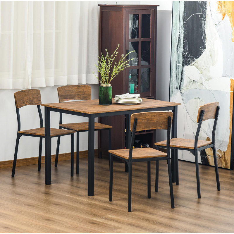Industrial 5-Piece Dining Set with Dark Walnut MDF and Steel
