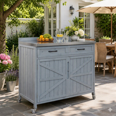 Outdoor Kitchen Island with Stainless Steel Top, Storage Cabinet, Adjustable Shelves, and 4 Wheels for Pizza Prep