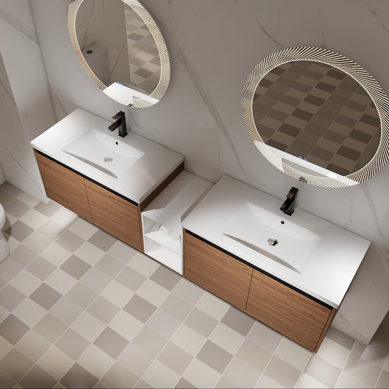 Meuble-lavabo mural avec deux lavabos en résine, une tablette et des portes à fermeture en douceur, 84"