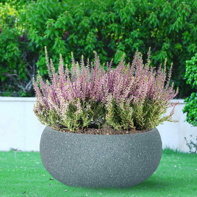 Light Concrete Bowl Planter, Frostproof Outdoor Plant Pot, Bonsai Pot, Garden Planter with Drainage Holes, Shallow Planter