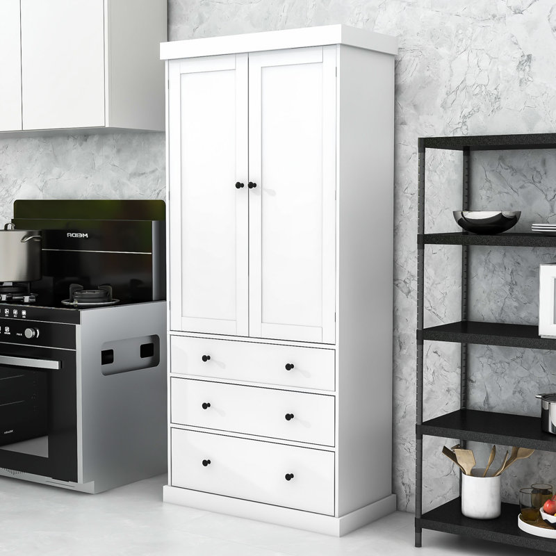 Garde-manger Farmhouse, armoire de rangement haute avec 3 tiroirs et tablettes réglables, Blanc