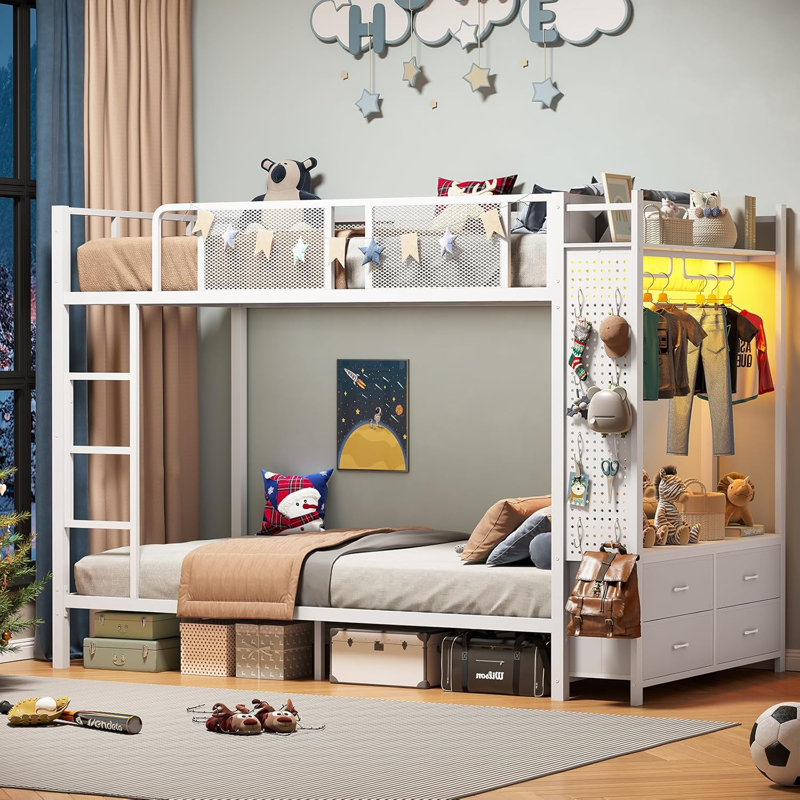 Metal Bunk Bed Twin Over Twin With Hall Tree, Power Outlet, Led Bunk Bed, Twin Over Twin, White