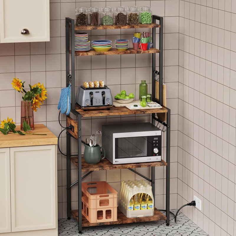 Étagère de boulanger pour cuisine debout, étagère de boulanger avec prise de courant, support à micro-ondes à 6 niveaux, bar à café avec 12 crochets en forme de S, étagère de cuisine avec rangement, station de café, pour brun rustique
