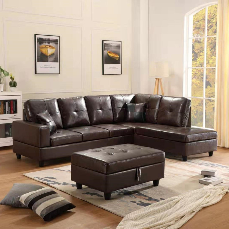 Faux Leather L-Shaped Sectional, Left Hand Facing, Black Faux Leather