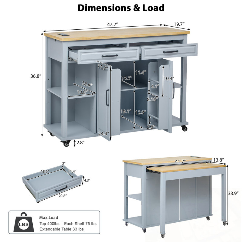 Kitchen Island with Extendable Table, 2 Drawers and 2 Cabinets, Grey+Blue