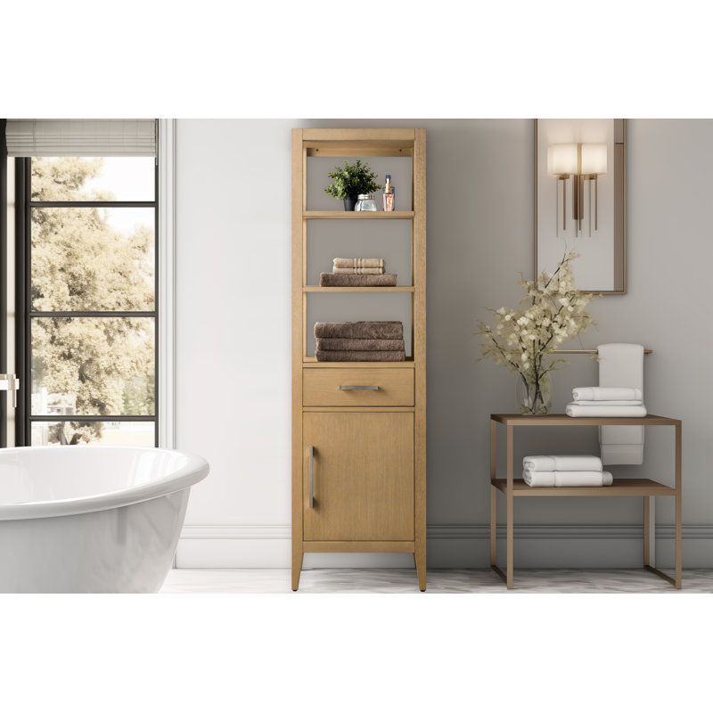 Chambery 72" Freestanding Linen Cabinet, Tall Bathroom Storage Tower with 3 Open Shelves, Brushed Nickel/Natural