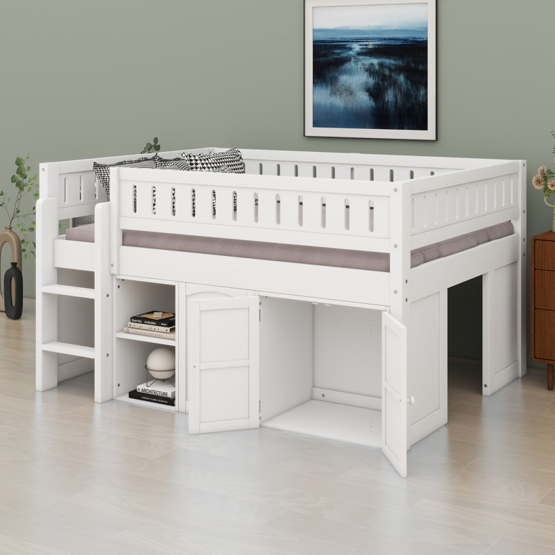 Lit mezzanine avec armoire de rangement et tableau noir, Blanc