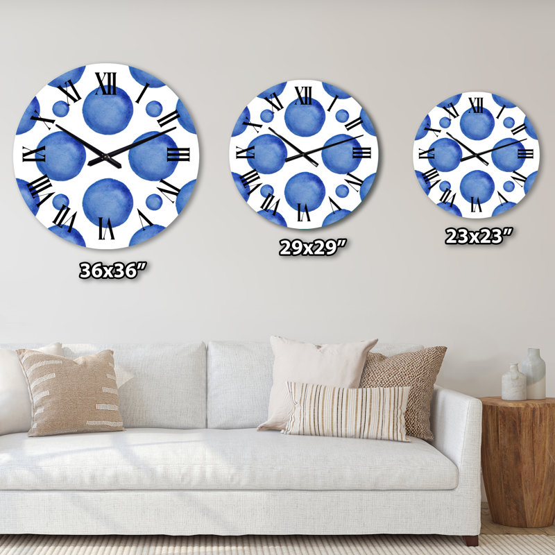 Petits et grands cercles bleus sur blanc I - Horloge murale moderne, Moyen