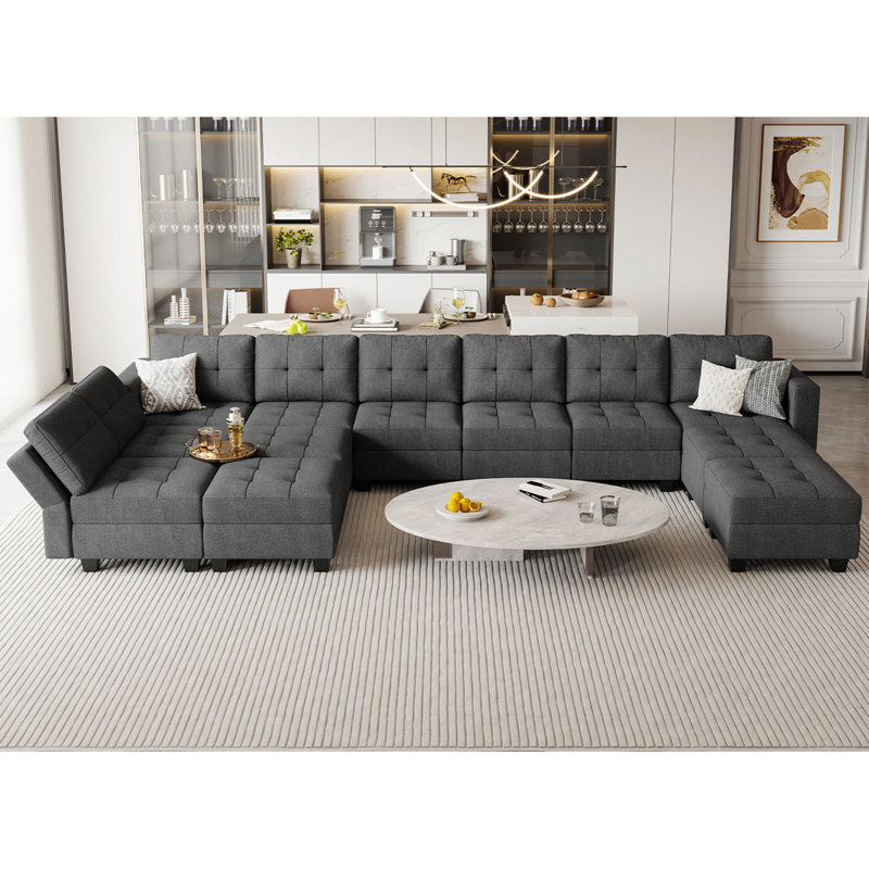 Grand canapé modulaire modulaire en U en mélange de polyester avec rangement 169,4 po Ashbury Ivery, Mélange de lin gris