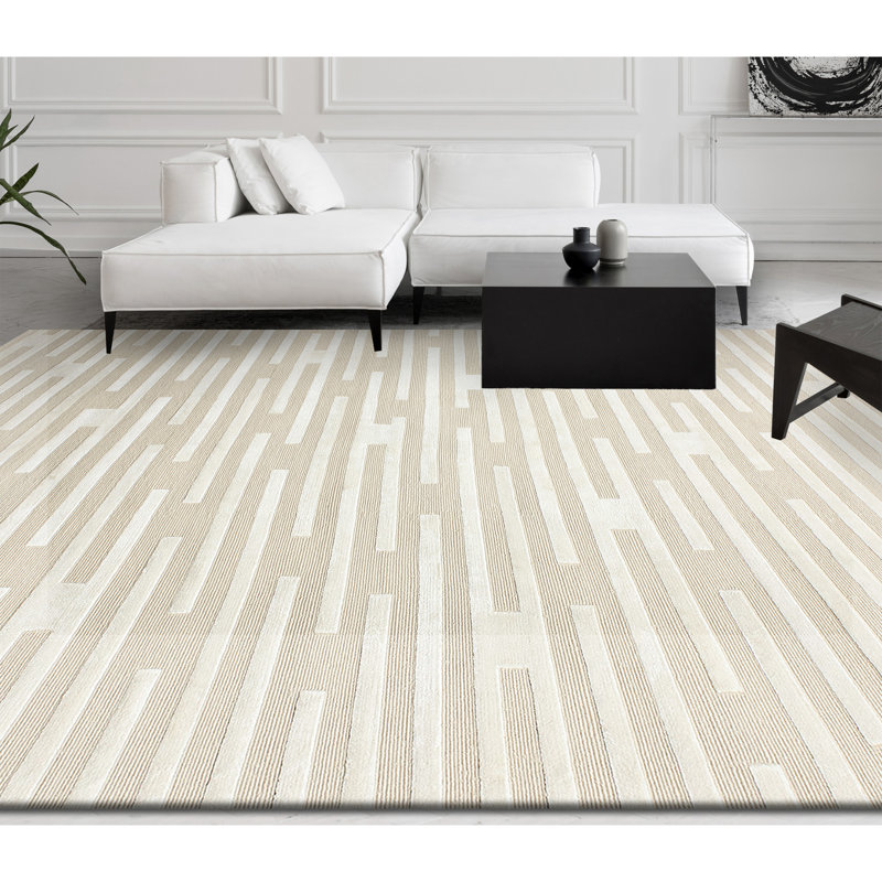 Tapis rayé rectangulaire en laine / viscose crème / ivoire, Rectangle 6 pi x 9 pi