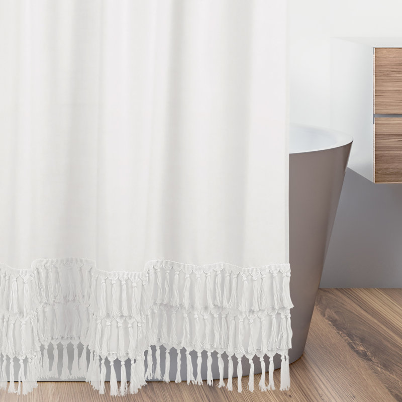 White Cotton Bohemian Shower Curtain with Tassel Trim