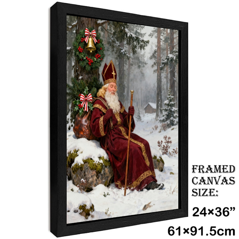 Art mural rétro noir encadré père Noël Saint-Père, H 37 po x l 25 po