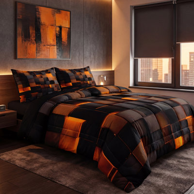Solid Geometric King Size Comforter Set with Sheets,8 Pcs Orange Black King Bed in a Bag Set,Gradual Change Honeycomb Quilt Set,Modern Square Texture Luxury Bedding Set for All Season