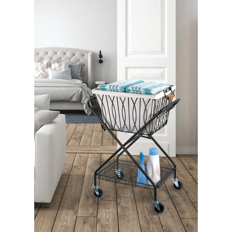 Artesa Verona Collapsible Metal Laundry Cart with Removable Basket & Canvas Bag, Antique Black